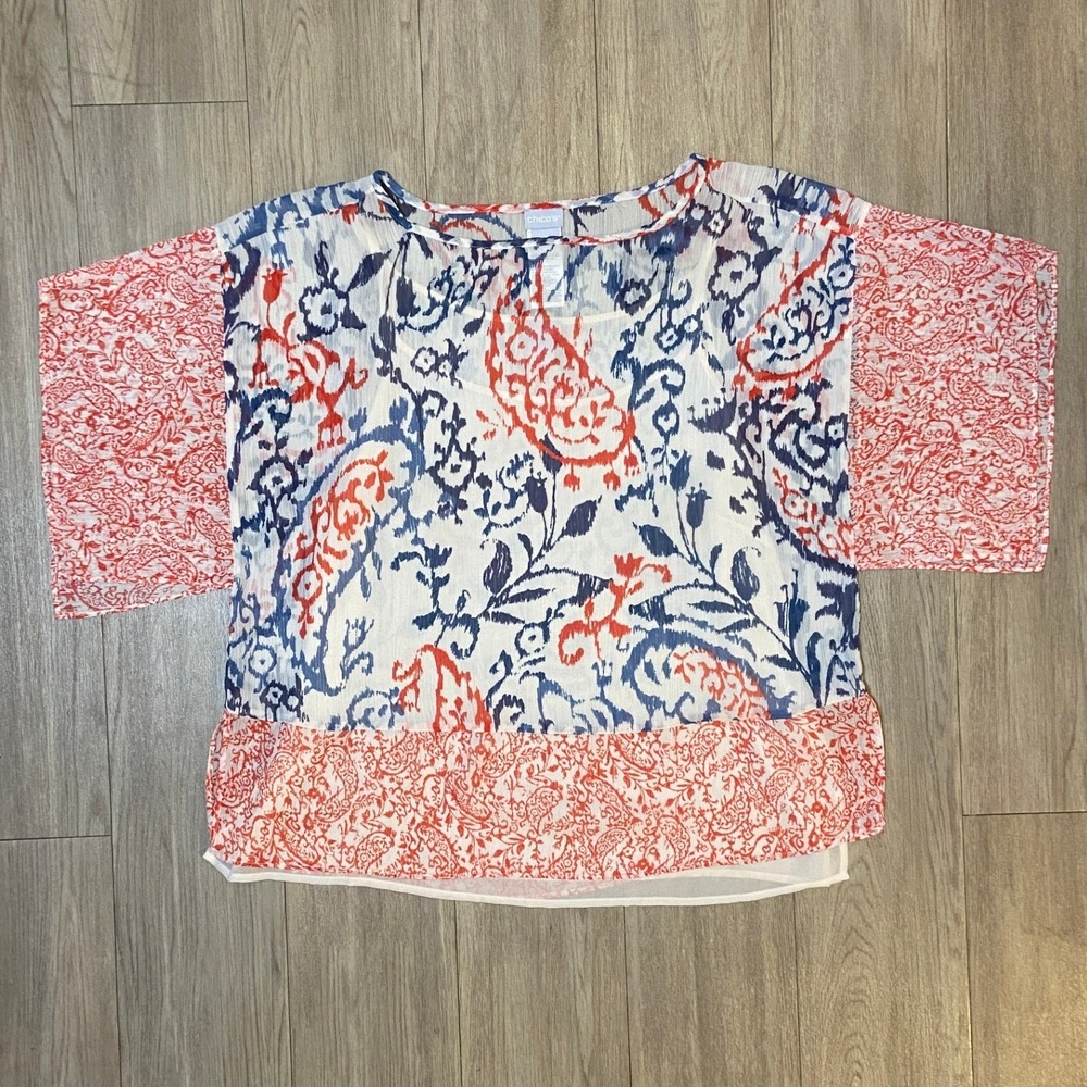 Chicos Womens Red Blue Paisley Print Layered Chiffon Blouse Size 2 US L (12-14)
